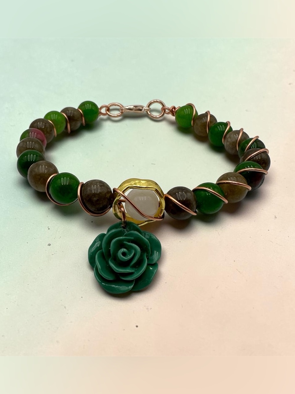 Handmade Green Rose Beaded Bracelet, Wire Wrapped Gemstone Jewelry